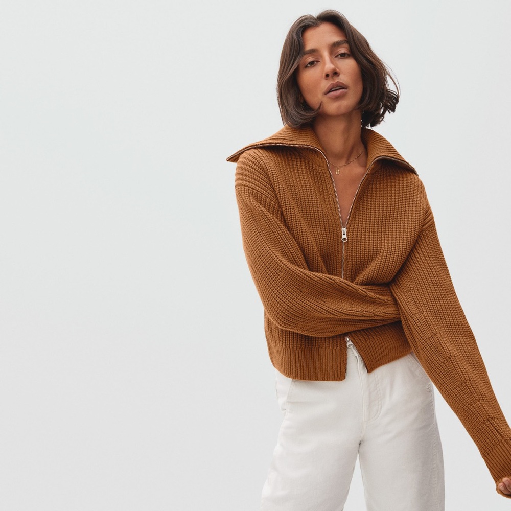 Everlane The Chunky Knit Zip Cardigan Zip Sweater Size Small NWT Toasted Almond - Picture 2 of 5